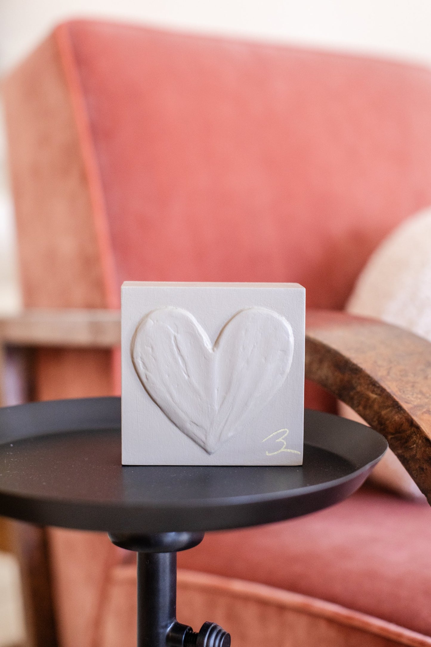 Contemporary Gray heart sculpture — textured heart detail showing Elephant's Breath warm grey tone