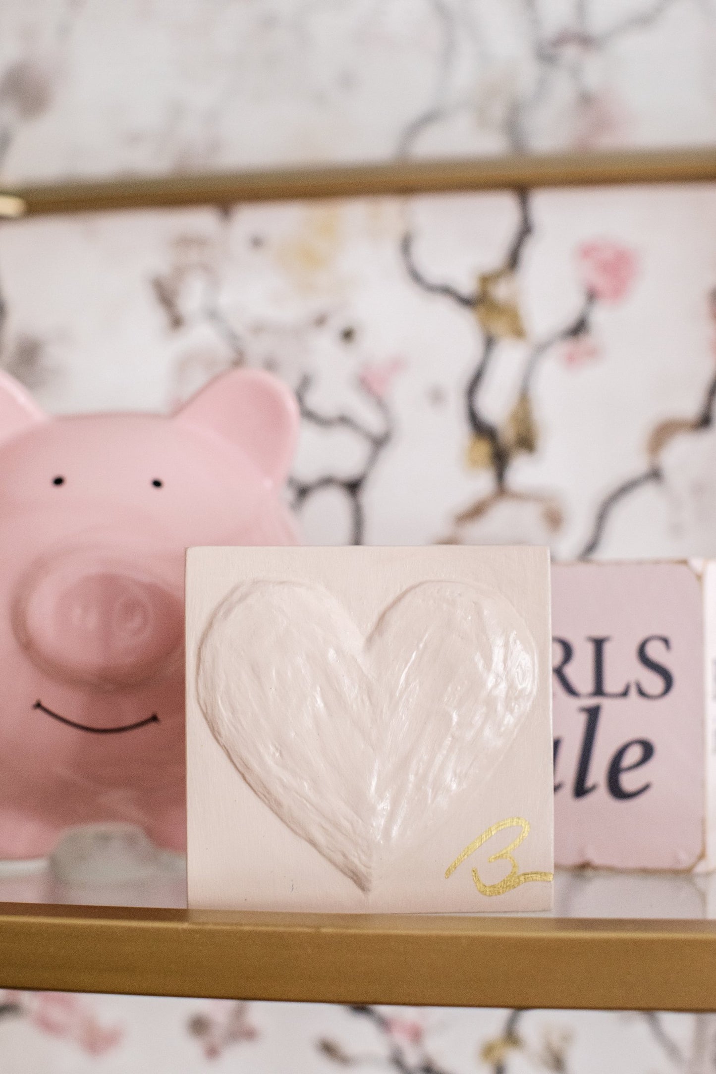 Faded Mushroom heart block lifestyle display on decorated shelf
