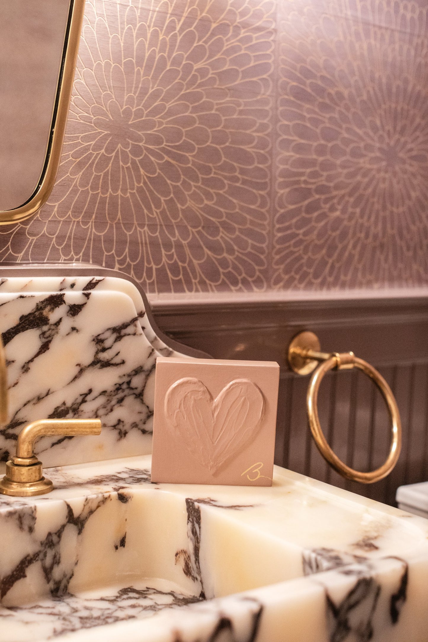 French Rose hand painted heart block — dusty rose pink with warm powdery tone, studio product photo