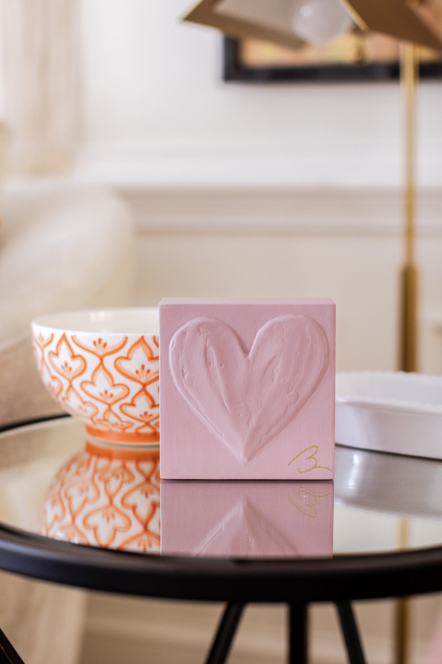 Romantic Rose wood heart block — lifestyle setting showing romantic pink tone in styled home decor