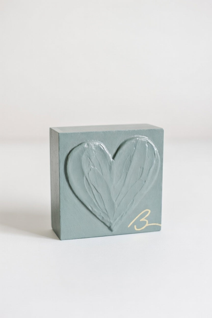 Aged Green hand painted heart block in smoky sage — studio product photo showing textured heart detail