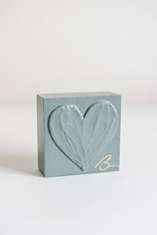 Aged Green hand painted heart block in smoky sage — studio product photo showing textured heart detail