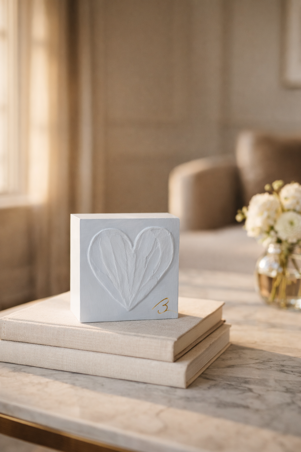 Blue Haze hand painted heart block — cool blue-grey tone on clean white background, front view
