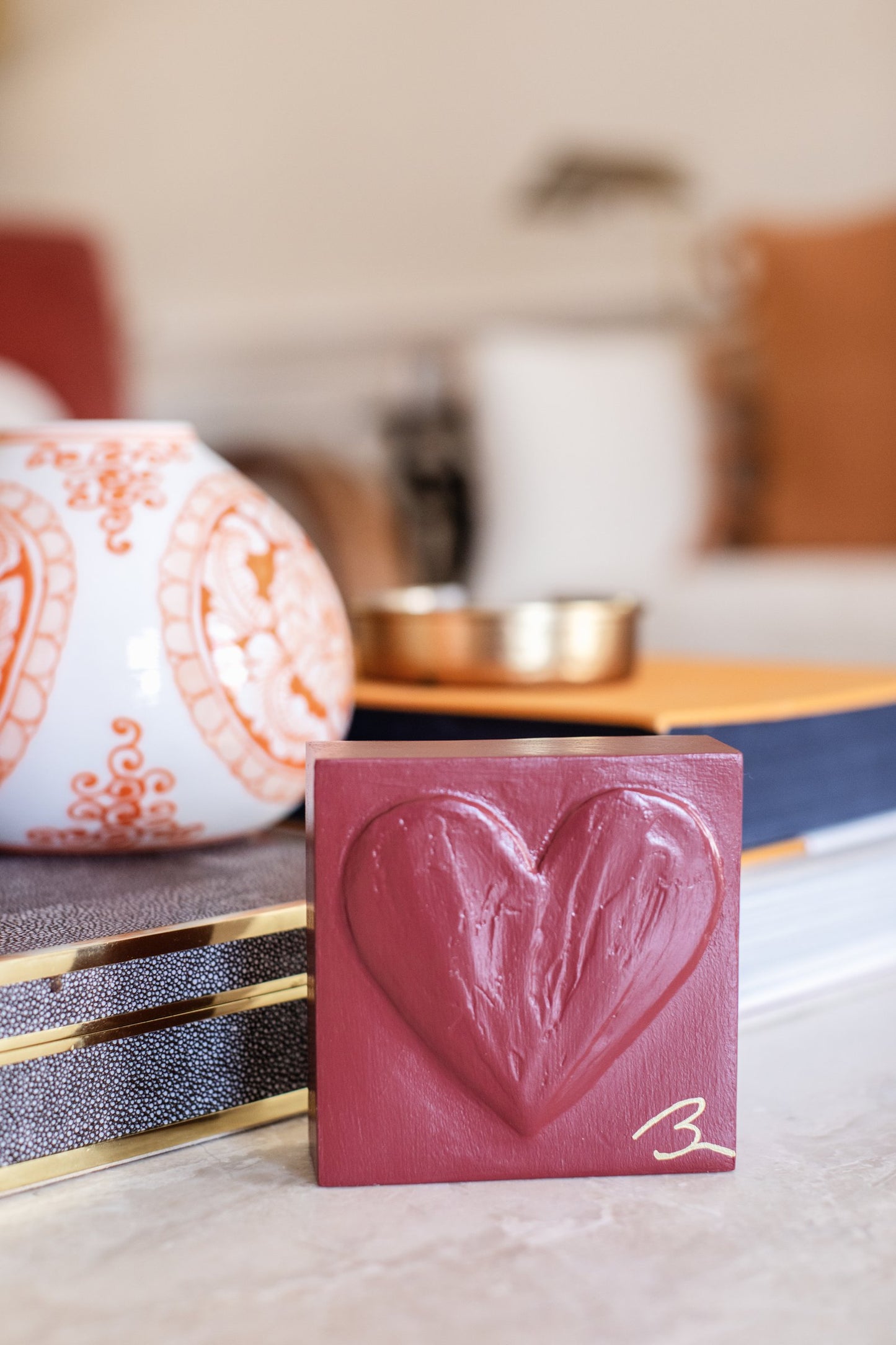 Cinematic Red hand painted heart block — deep crimson on clean background, front product view