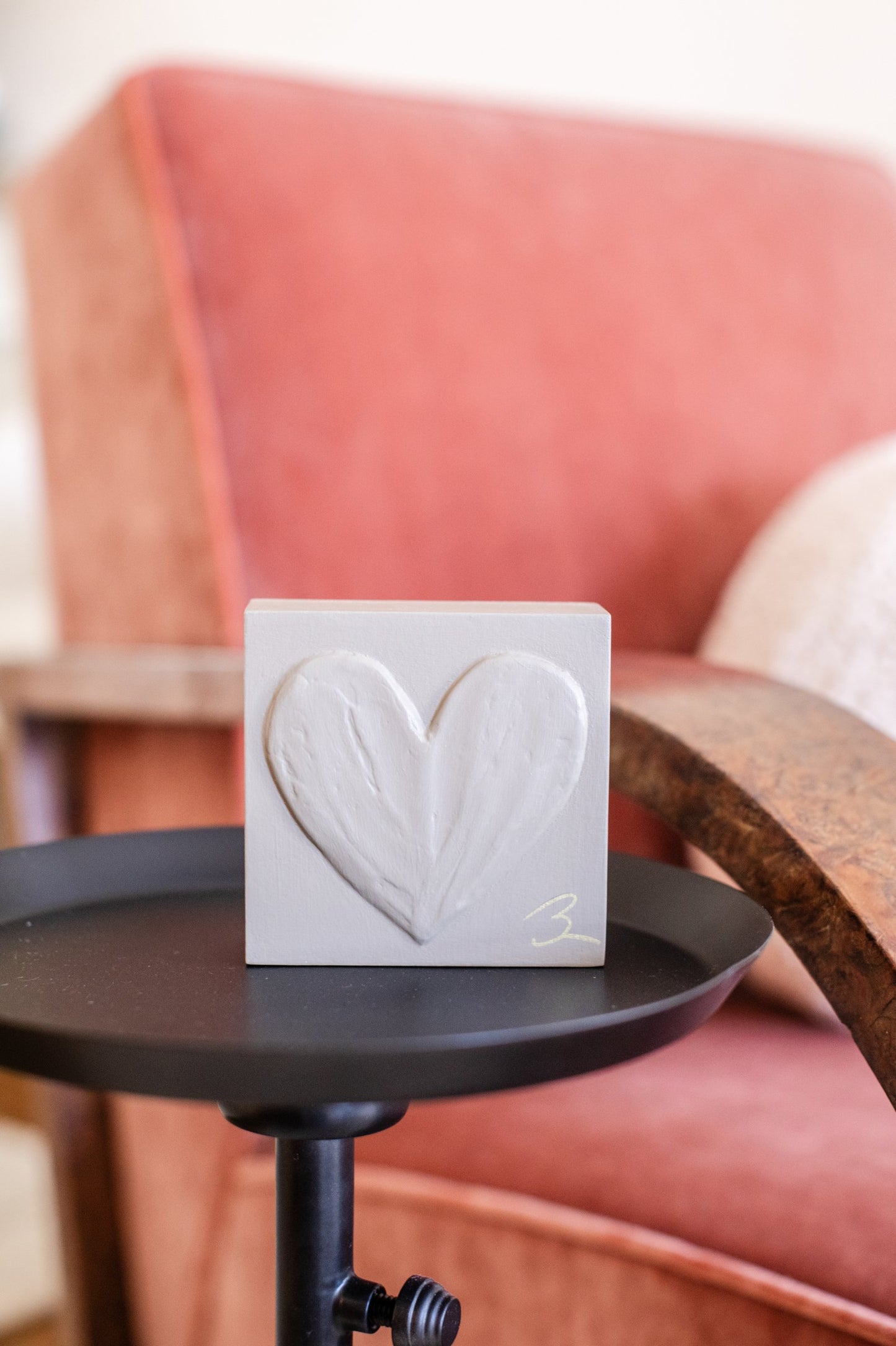 Contemporary Gray hand painted heart block — warm grey with subtle magenta undertone, studio photo
