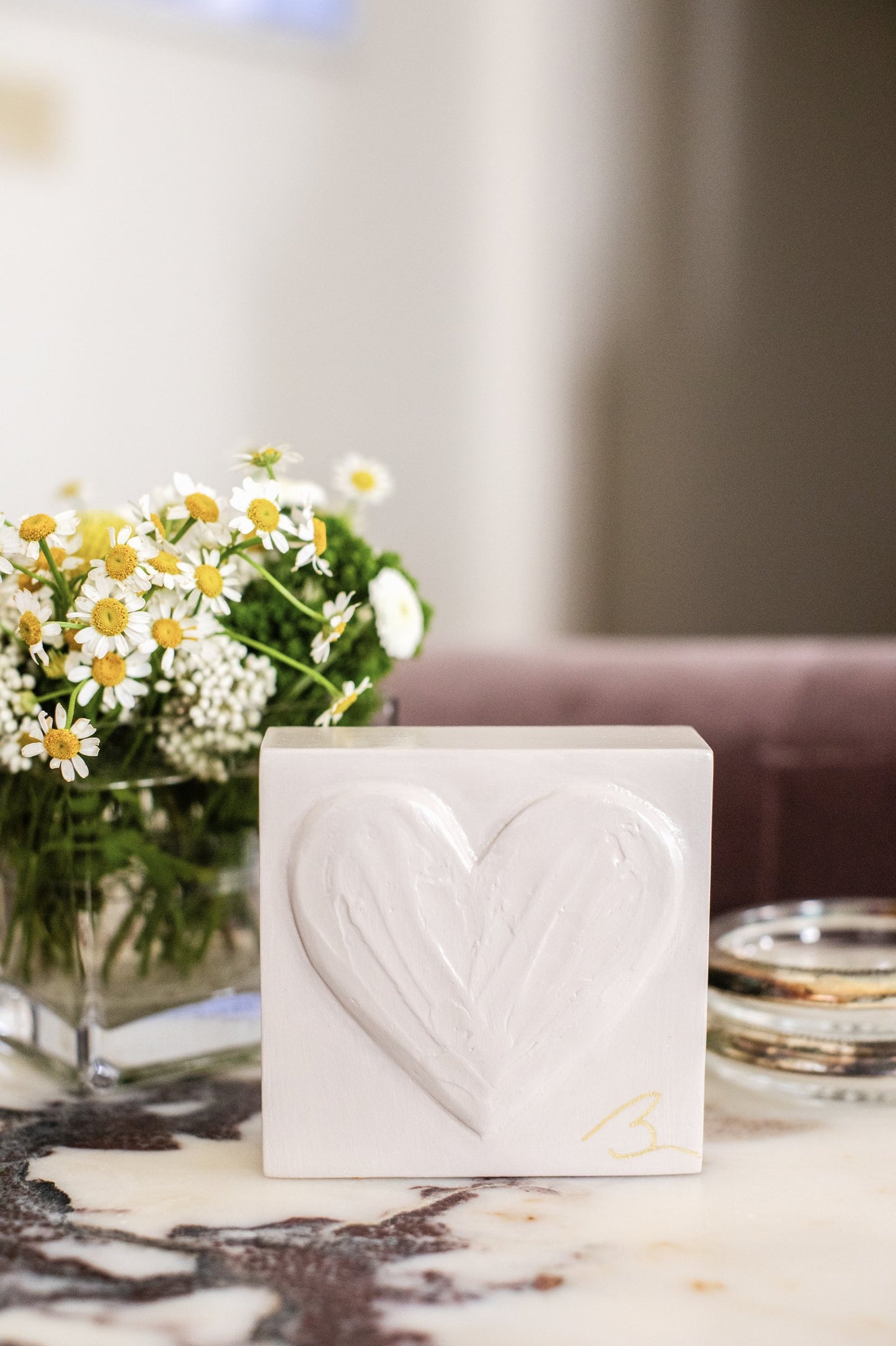 Delicate Pink wood heart block — angled view showing layered brushstroke texture in pale pink