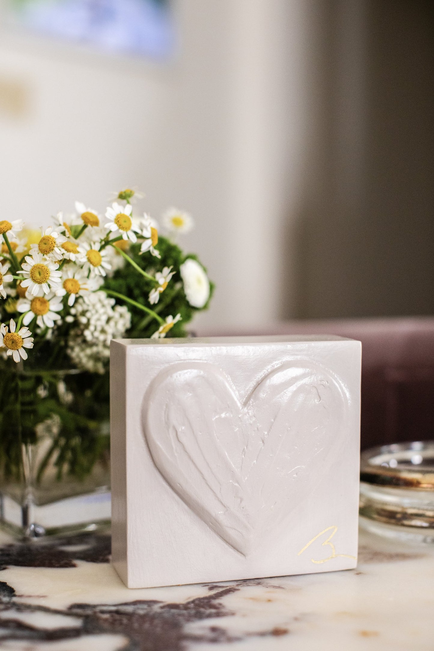 Delicate Pink heart block with gold signature — studio detail shot of artist signature on pink