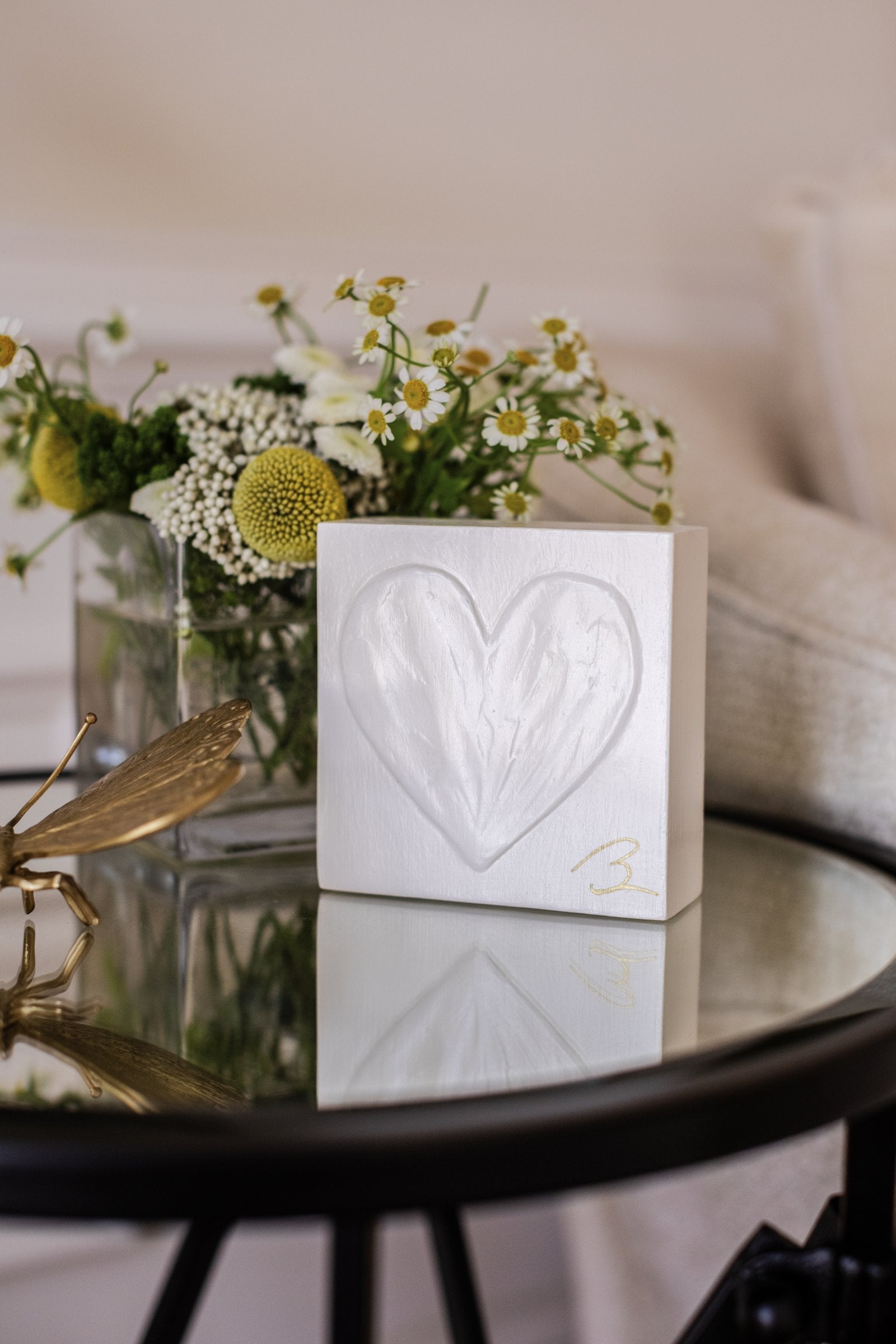 Grey Garden wood heart sculpture showing textured brushstrokes and green-silver undertones