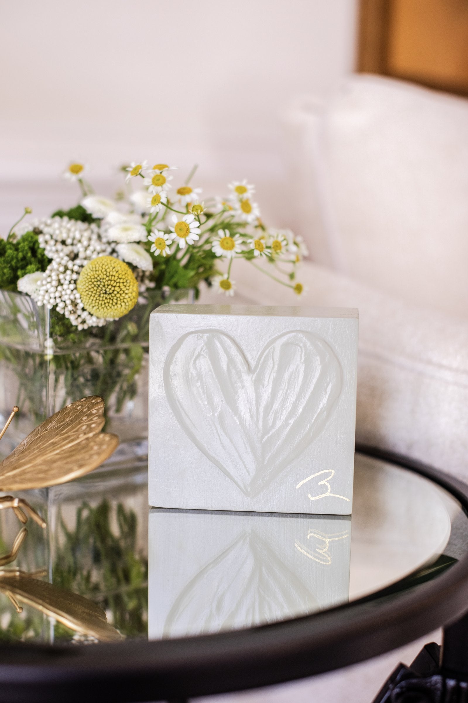 Grey Garden heart block with hand painted impasto detail and gold artist signature