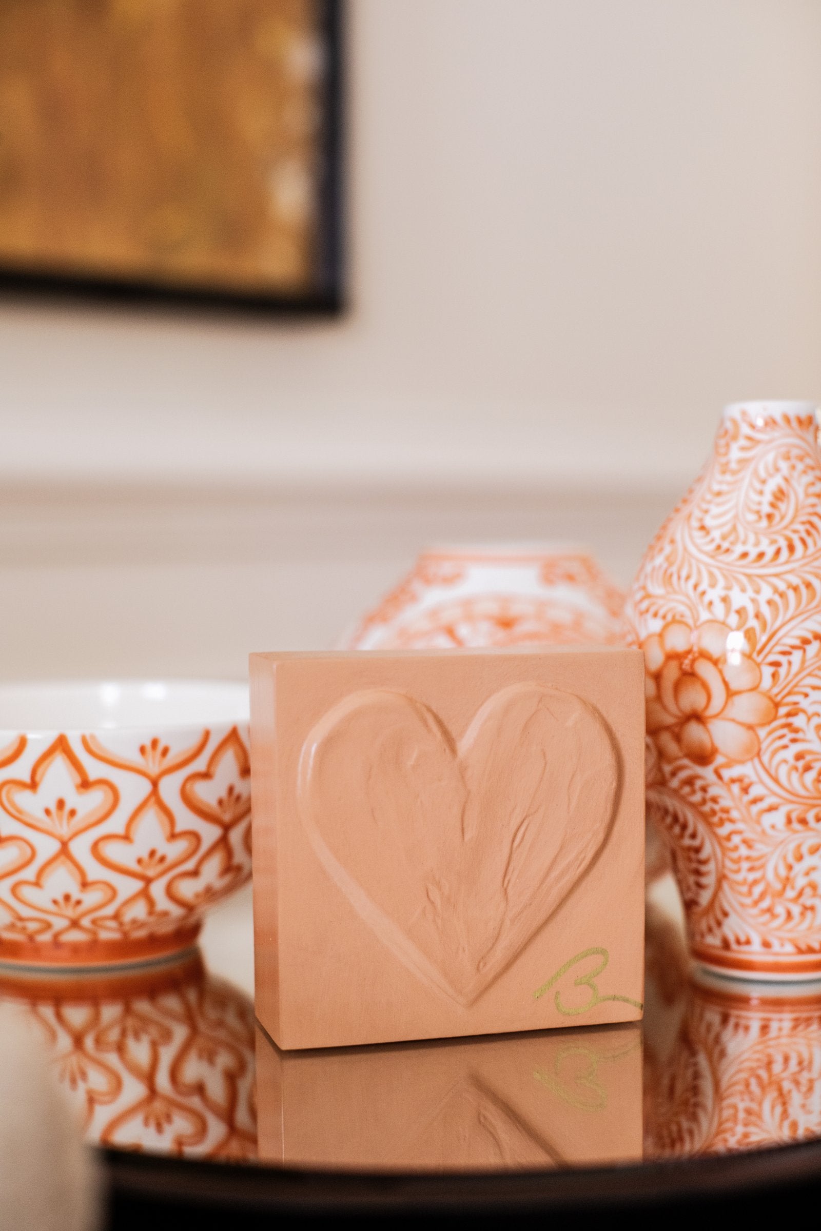 Muted Terracotta heart block with hand sculpted surface and gold signature