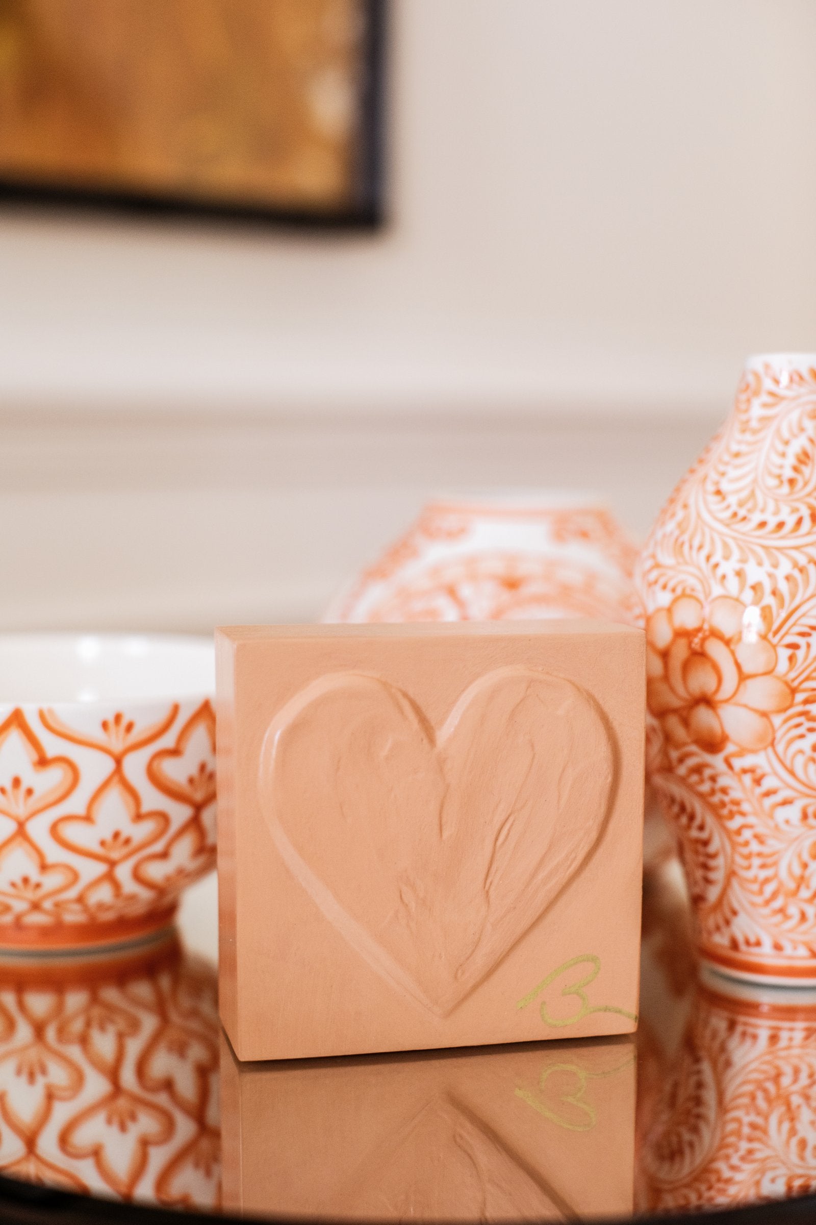 Muted Terracotta hand painted heart block in warm clay tones with textured brushwork
