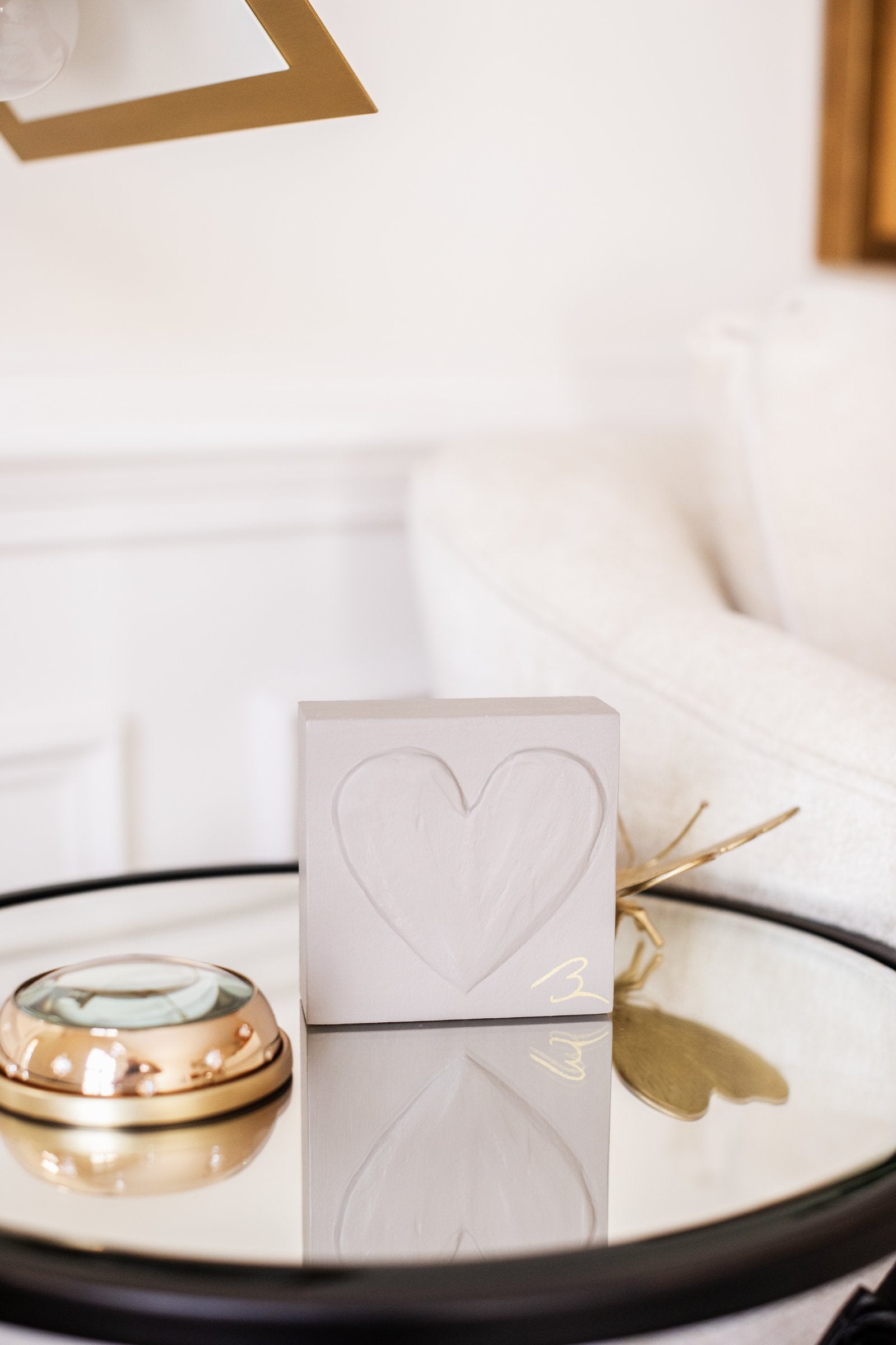 Pink Mushroom hand painted wood heart block in blush taupe with textured surface