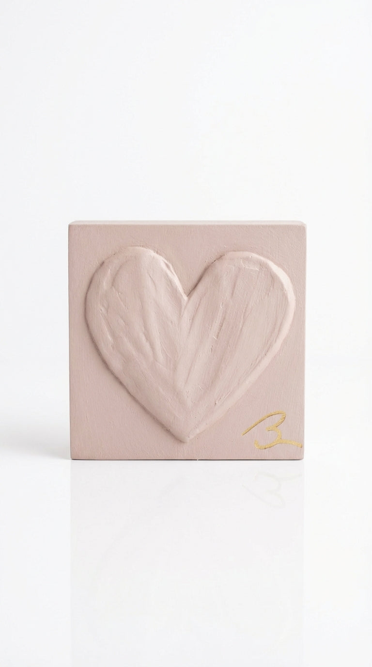 Pink Mushroom hand painted heart block — warm pink-beige tone with textured heart, studio headshot