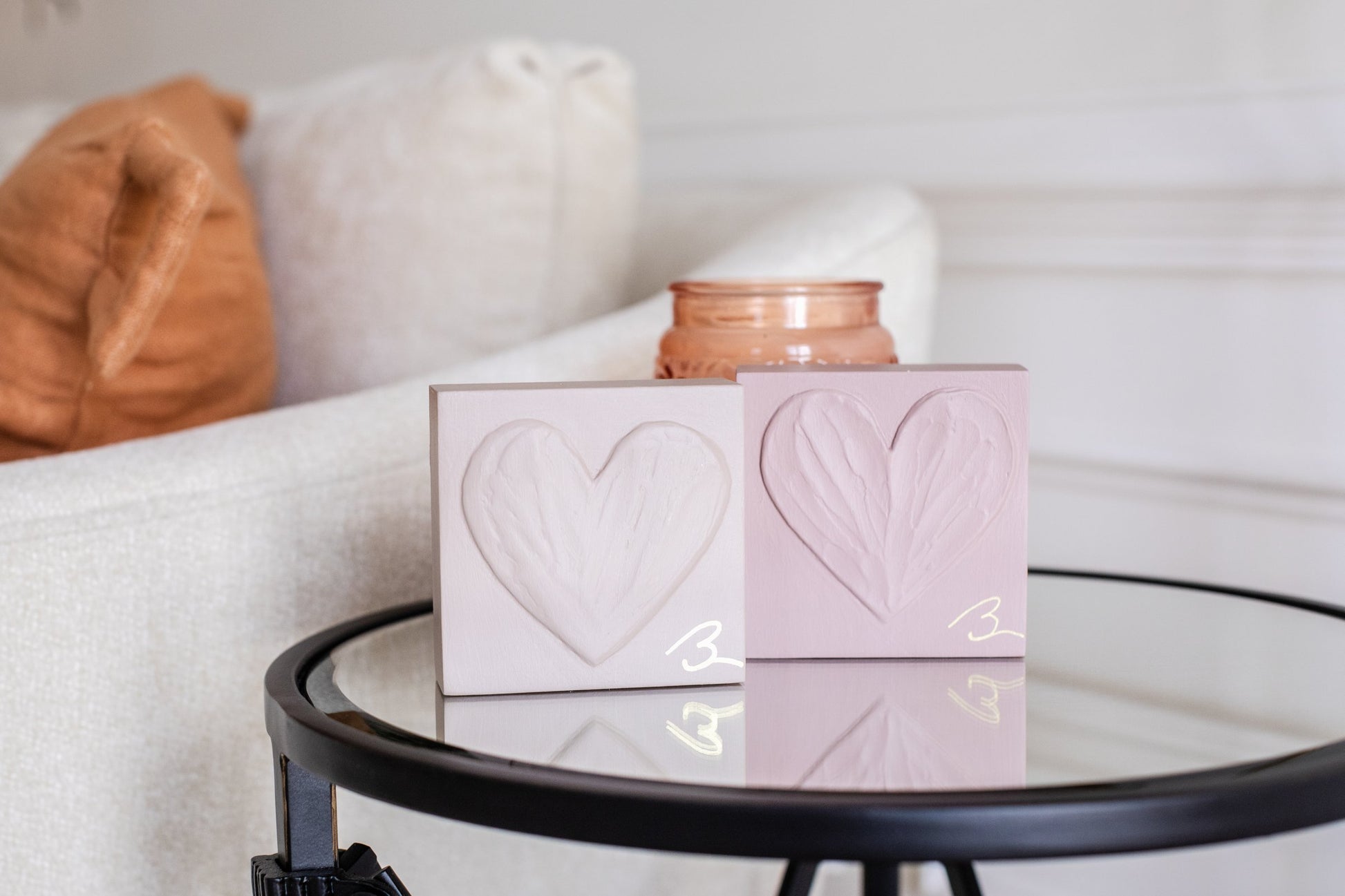 Romantic Rose hand painted heart block — dusty rose pink on clean background, front product view