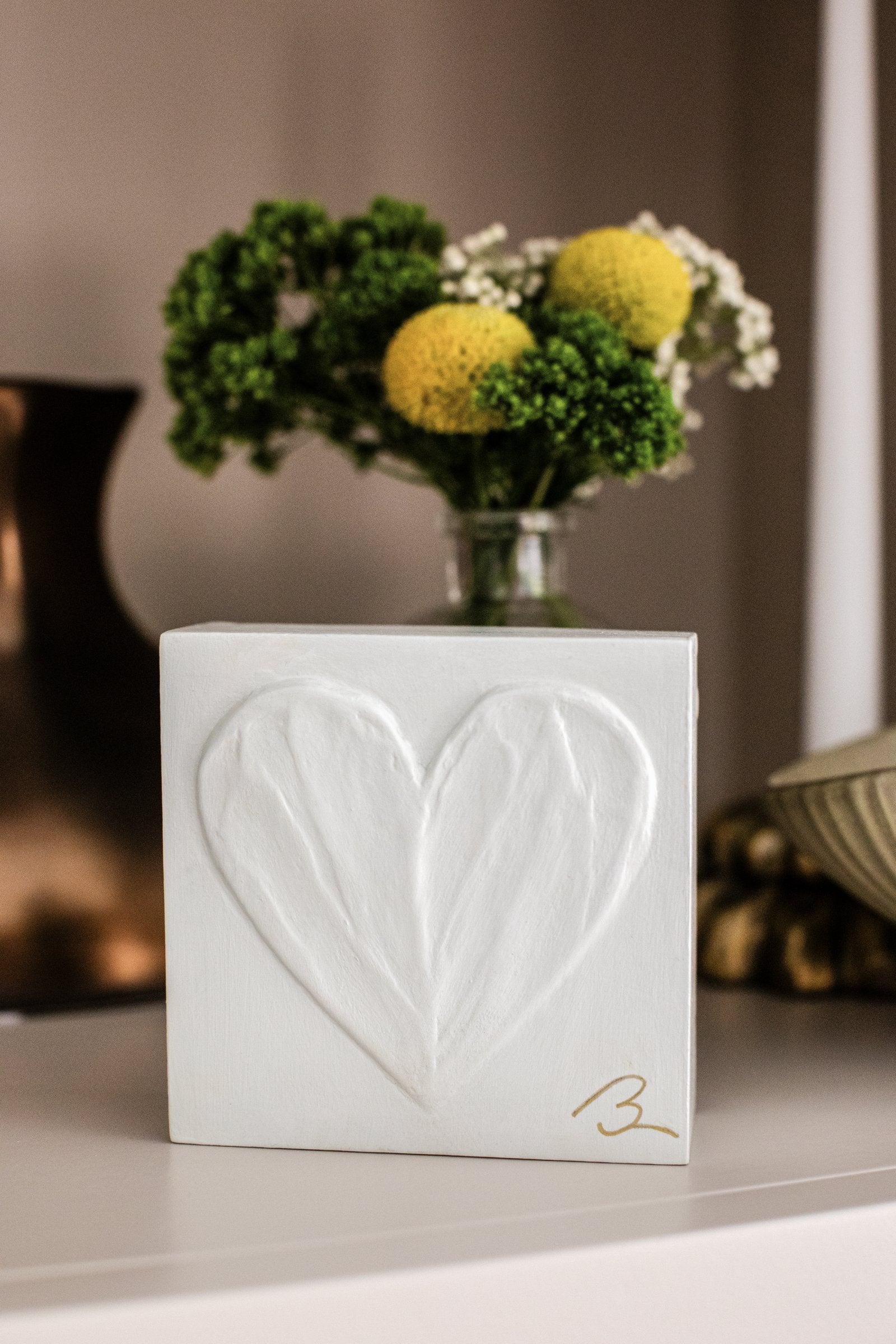 Sunlit White hand painted heart block — warm luminous white on clean background, front product view