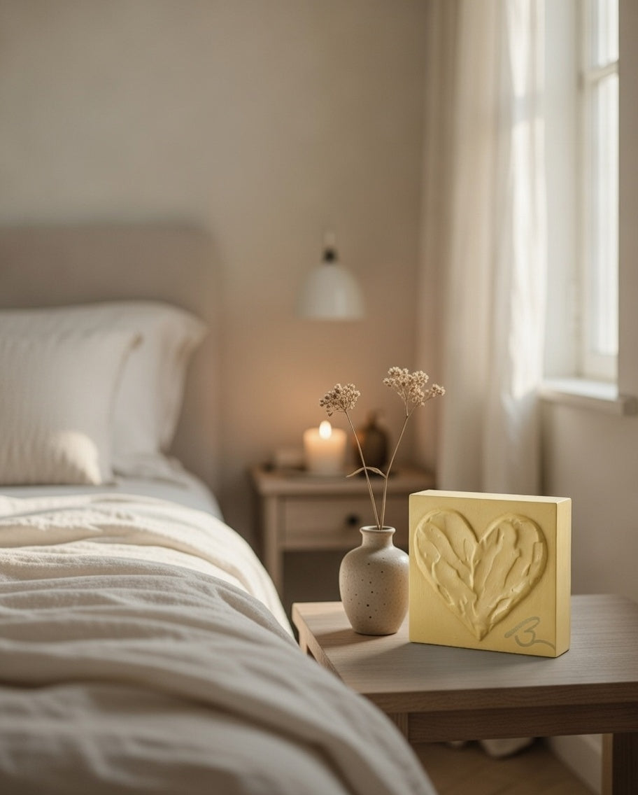 Balanced Ochre wood heart block — styled vignette showing warm ochre against neutral background