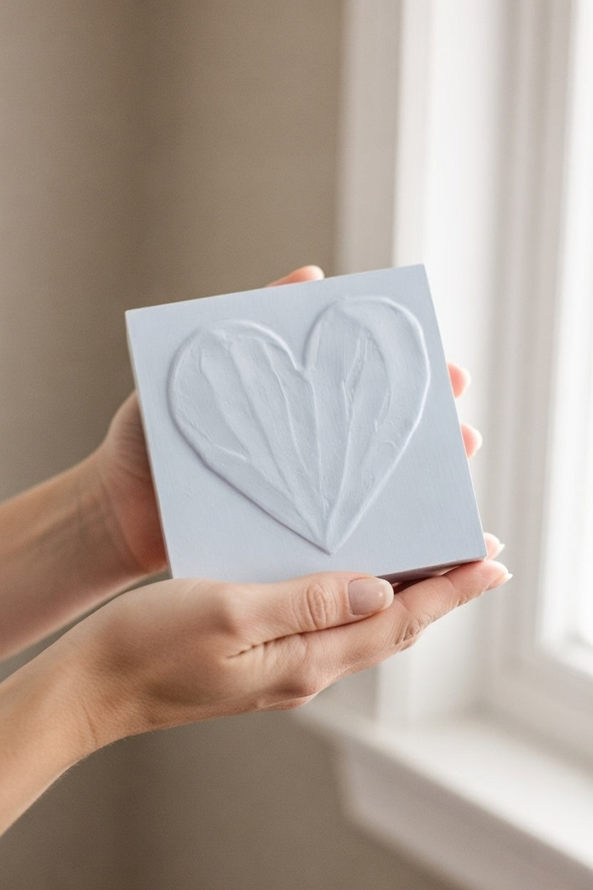Blue Haze heart block in styled home setting — crisp blue-grey tone paired with white ceramics
