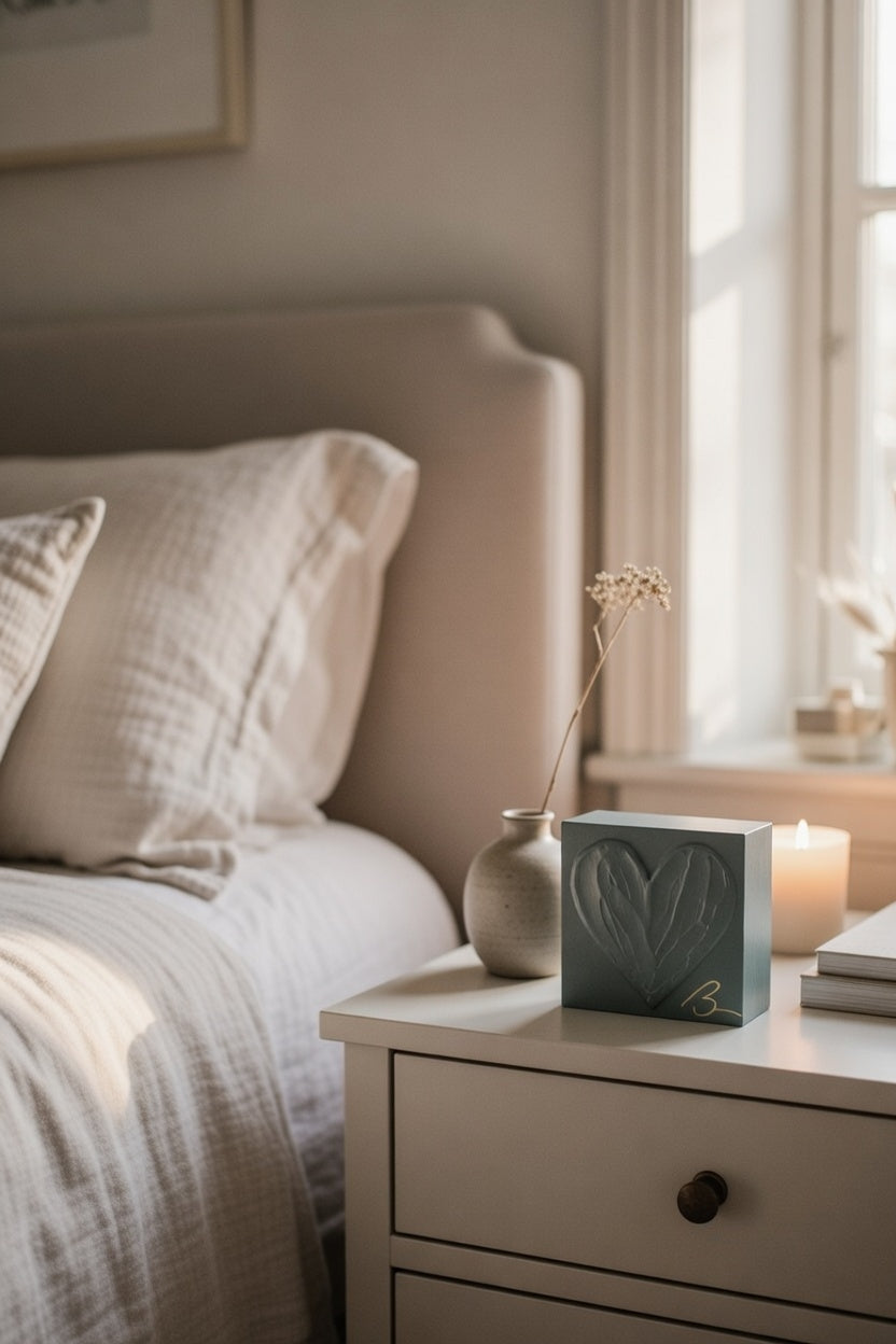 Aged Green hand sculpted wood heart — lifestyle setting showing earthy sage tone in natural light